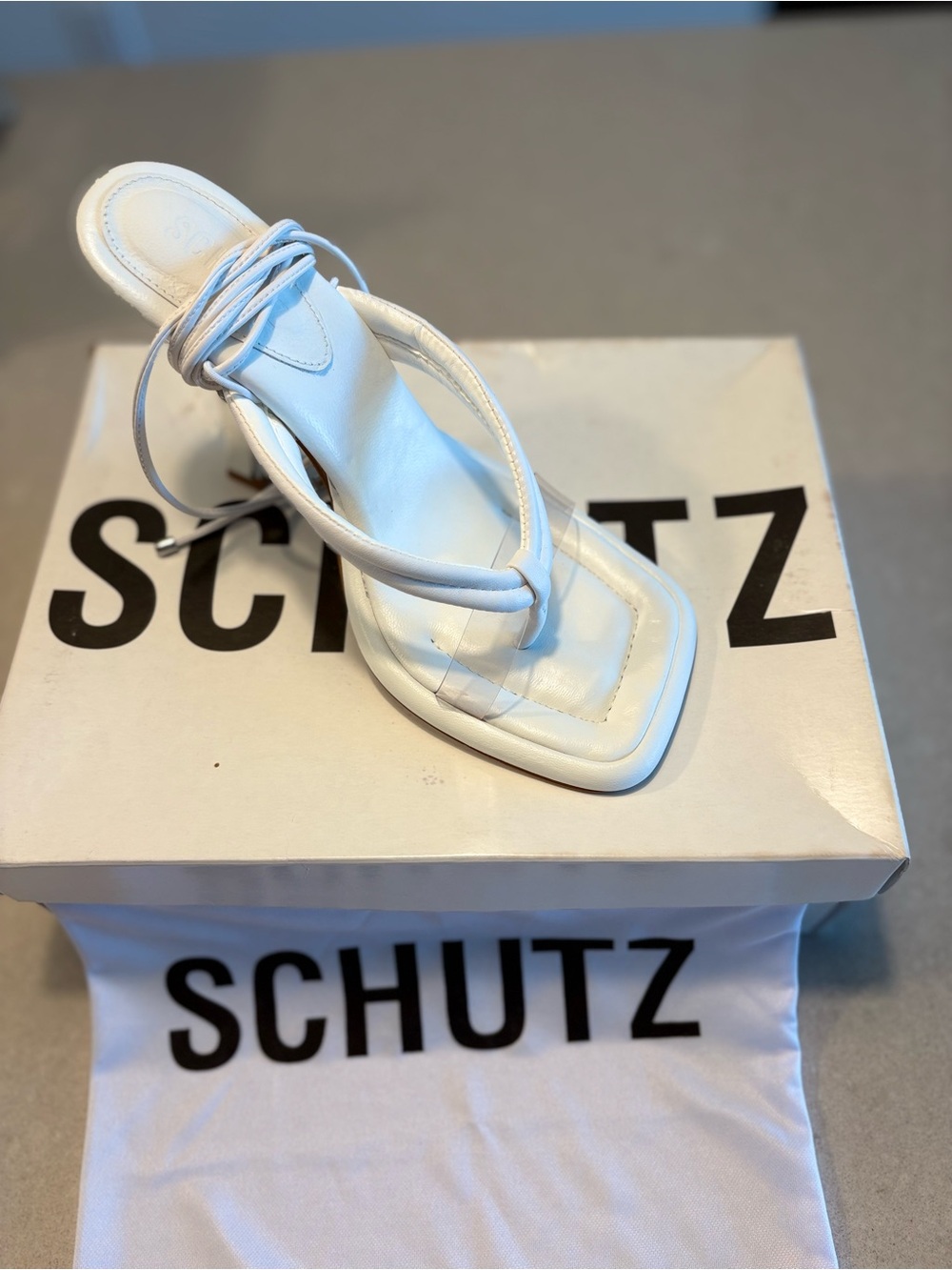 SCHUTZ White Square-Toe Lace-Up Heel Sandal